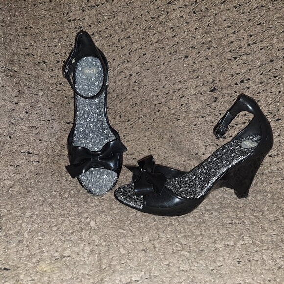 MEL-MELISSA-Apple Ribbon-Black Jelly Wedges/Bow/Peep Toe-Sz 8-Near Mint - Picture 1 of 8